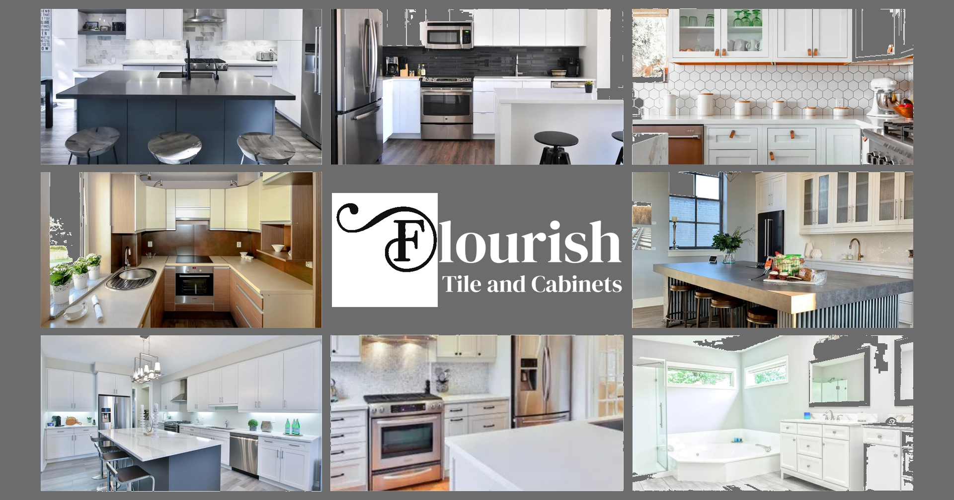 Collage of modern kitchen designs, featuring Flourish Tile and Cabinets logo.