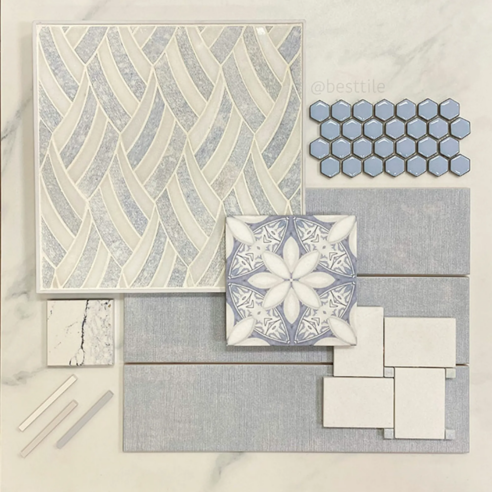 Tile samples in shades of blue and gray: mosaic, floral, and rectangular patterns.