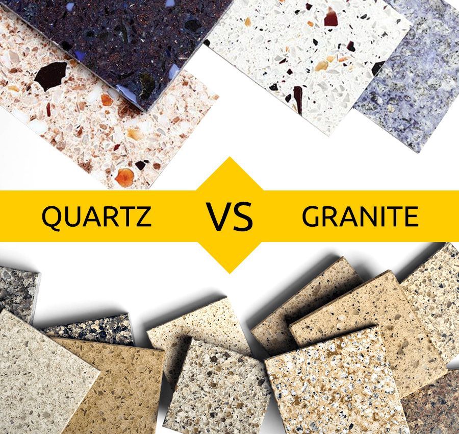 Quartz vs. Granite comparison; examples of countertops in various colors. Text with yellow background separates the two.