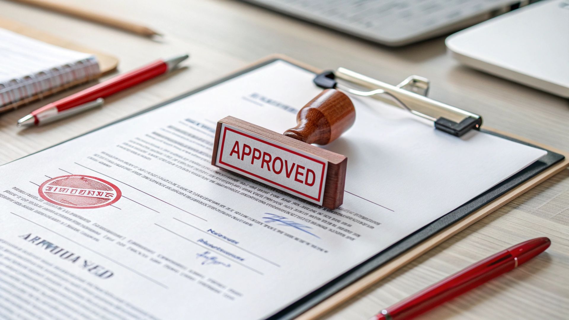 Approved stamp on document clipboard with red pens on desk