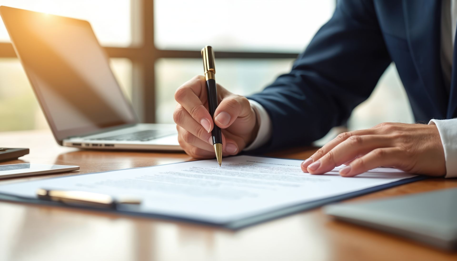 Person writing on a document at a desk with a laptop in the background