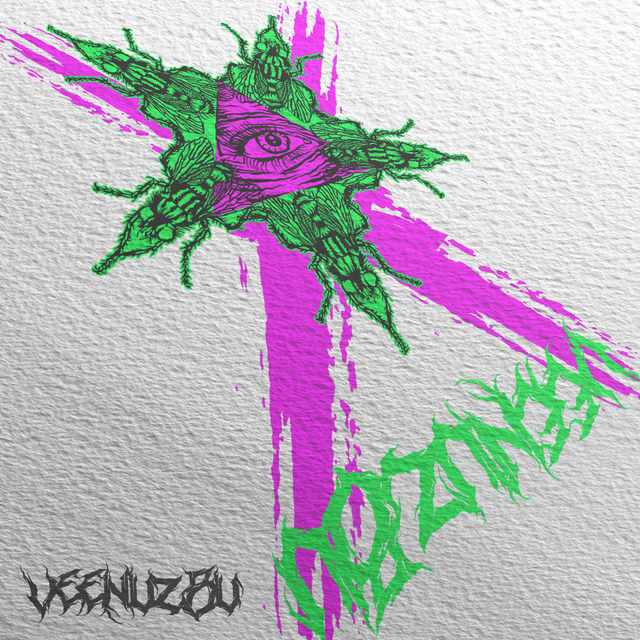 Olho abstrato em estilo grafite dentro de um triângulo magenta com detalhes verdes irregulares sobre uma parede cinza texturizada.