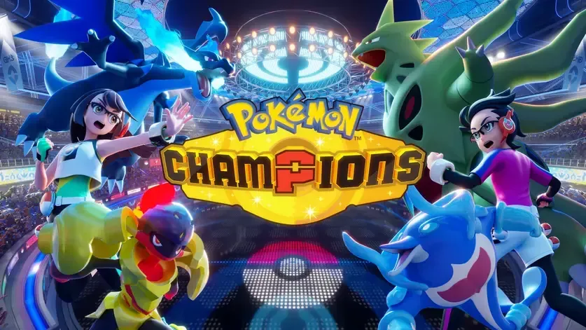 Pokémon Champions game logo with two trainers and Pokémon in a glowing arena scene
