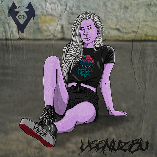 Mulher vestida de preto e botas sentada encostada em uma parede com pele em tons de roxo e fundo com estilo grafite.