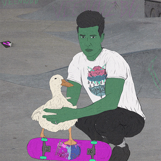 Uma pessoa está agachada em um skate segurando um ganso branco contra um fundo cinza.