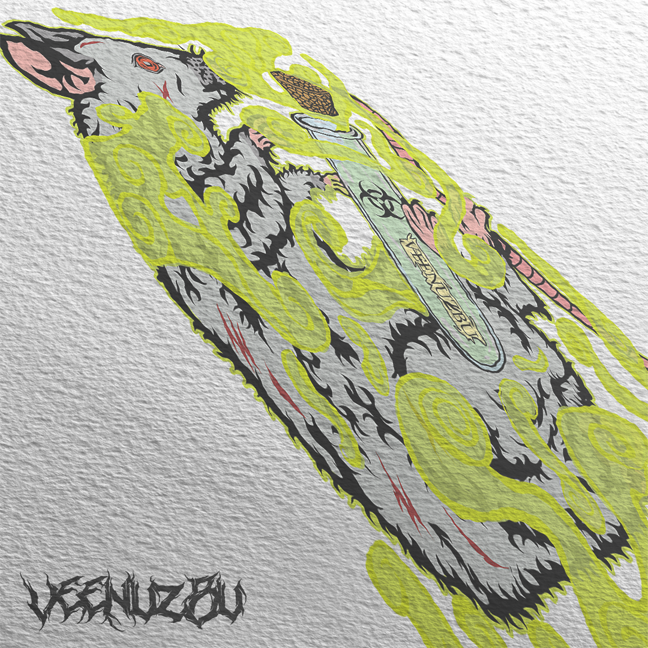 Grafite estilizado de um cachorro em verde neon, cinza e rosa sobre uma parede branca texturizada.