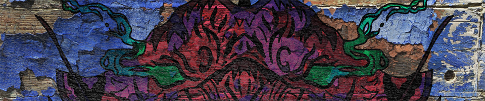 Obra de arte abstrata texturizada em tons de vermelho e verde-azulado com linhas curvas escuras e padrões sobrepostos.