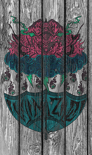 Emblema floral em tons de verde-azulado e magenta sobre tábuas de madeira cinza desgastadas.