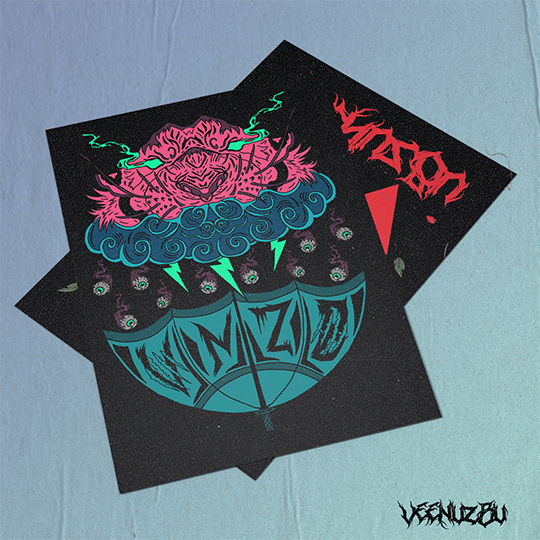Três estampas gráficas pretas com desenhos em estilo monstro em tons de rosa neon, verde-azulado e vermelho, além de letras estilizadas.