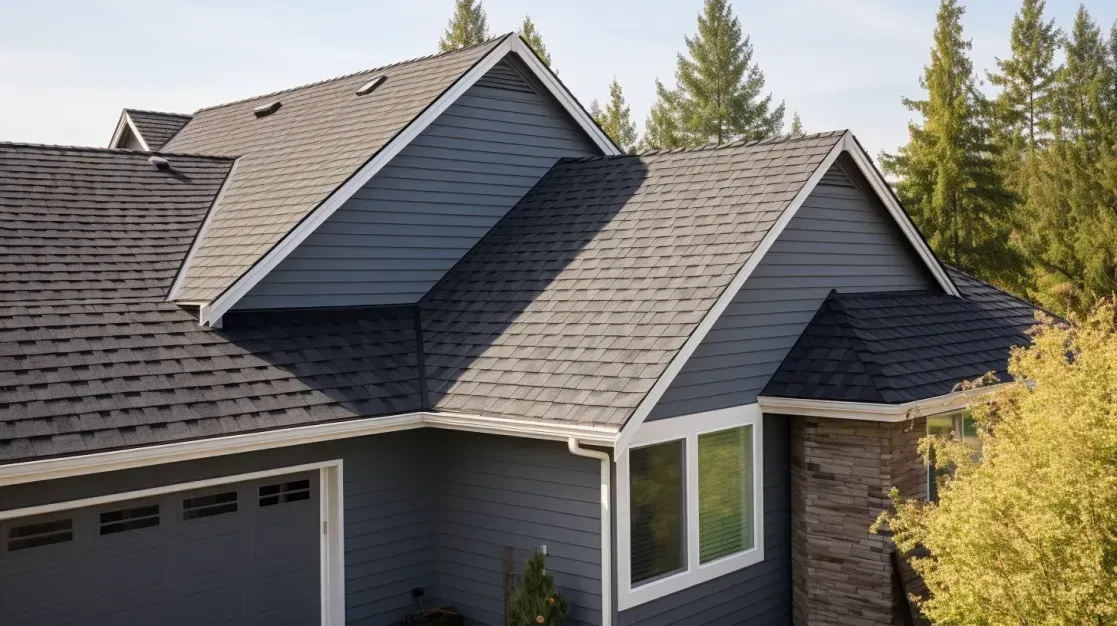 An aerial view of a house with a black roof and a garage.