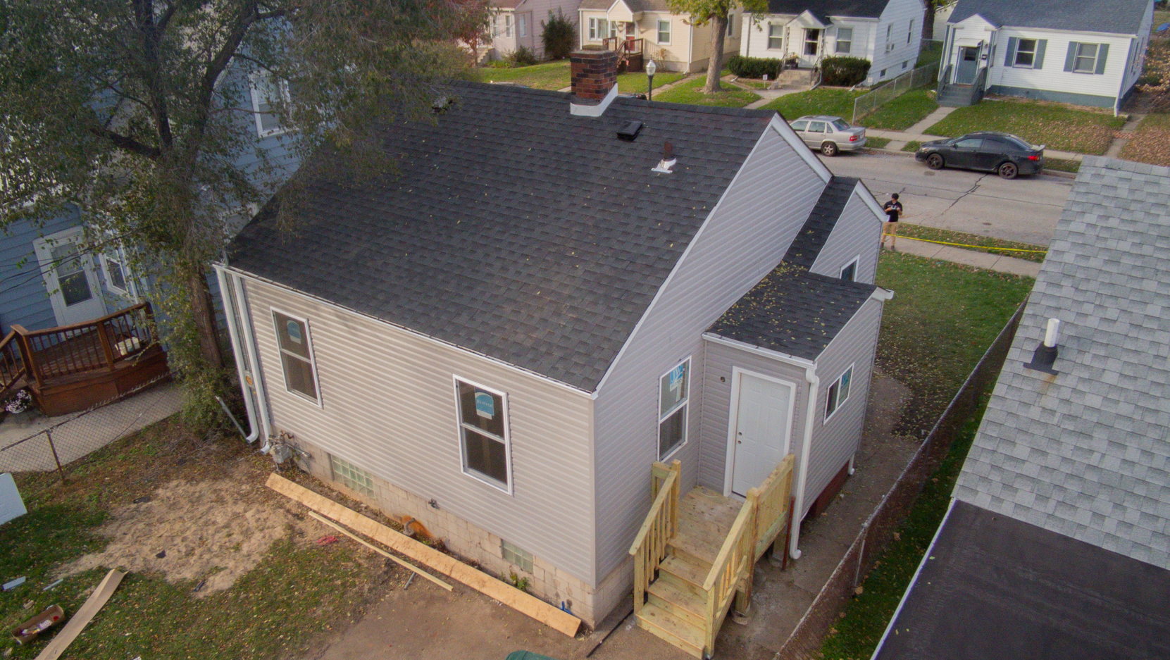 An aerial view of a house with a handicap ramp.