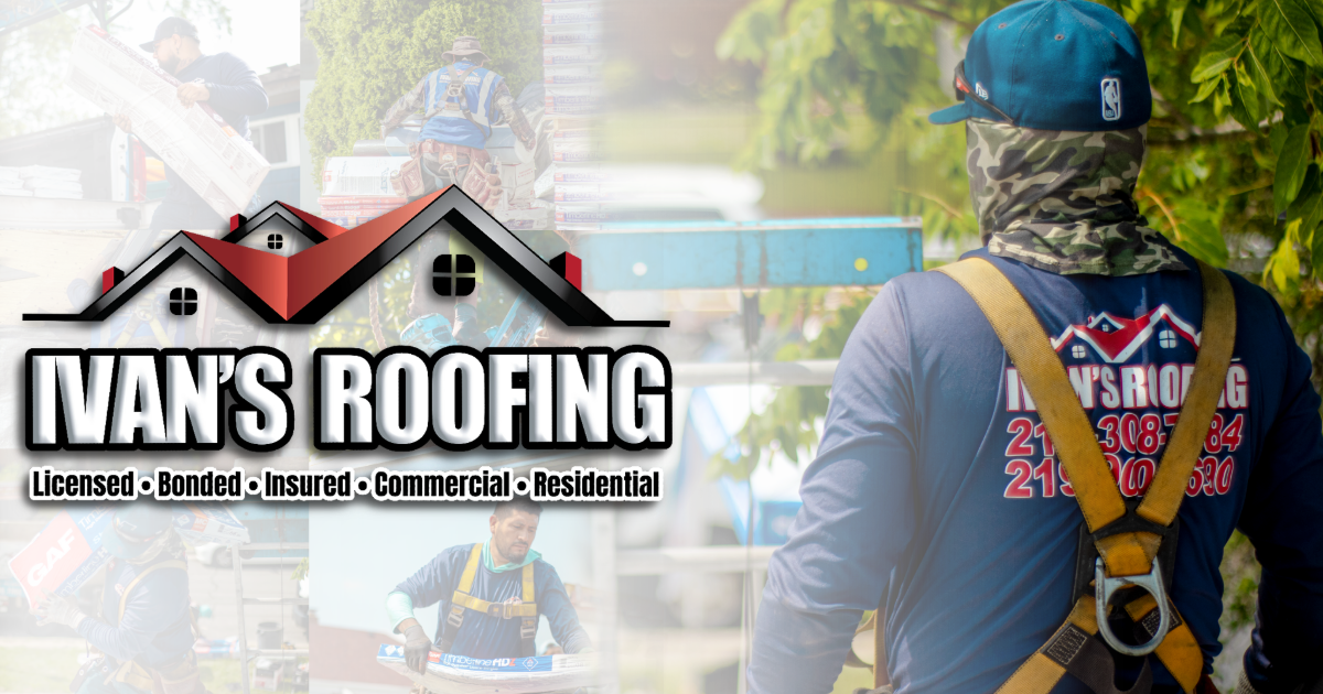 A man wearing a safety harness is standing in front of a sign that says ivan 's roofing.