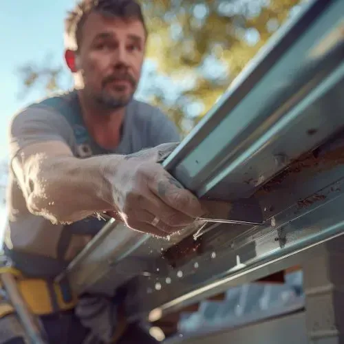 A man is standing on a ladder working on a gutter.