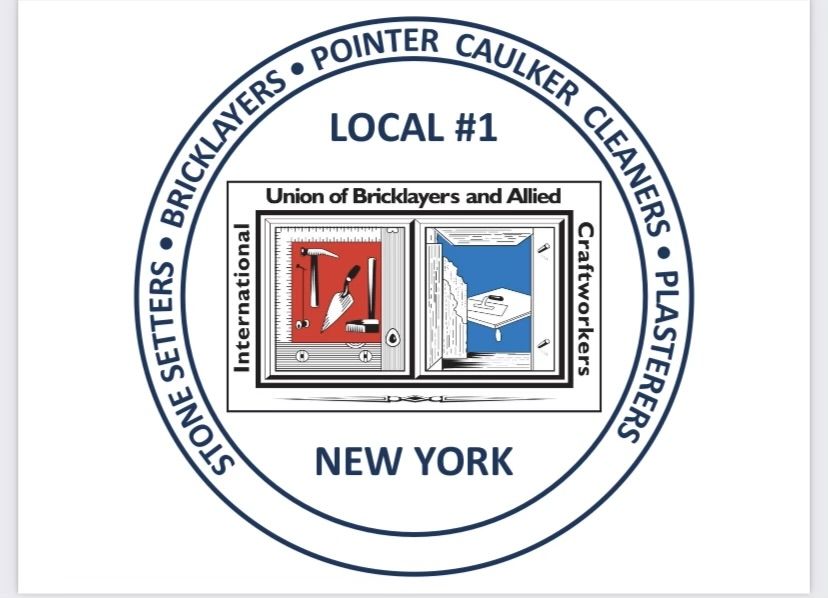 Seal of Bricklayers and Allied Craftworkers Local #1 in New York. Includes text and tools.