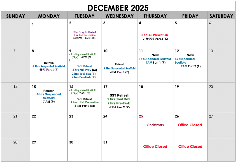 December 2025 calendar with appointments: training, holidays, meetings and office closures.