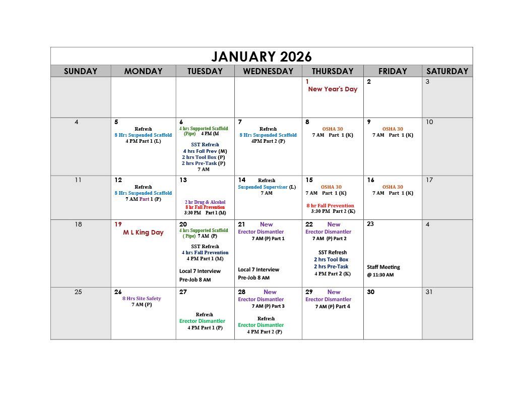 January 2026 calendar with appointments: training, holidays, meetings and office closures.