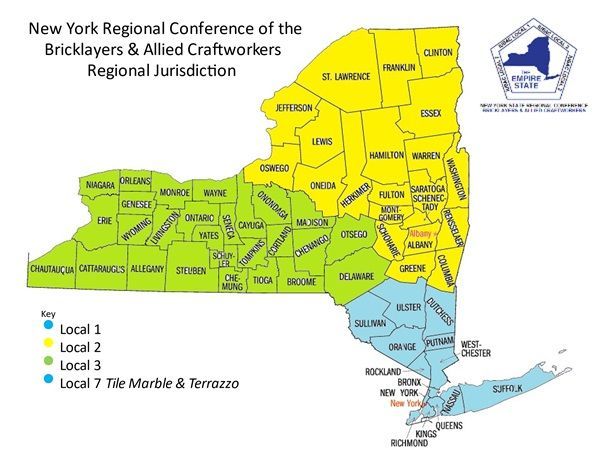 Map of New York showing regional jurisdictions of bricklayers and allied craftworkers; color-coded by local.