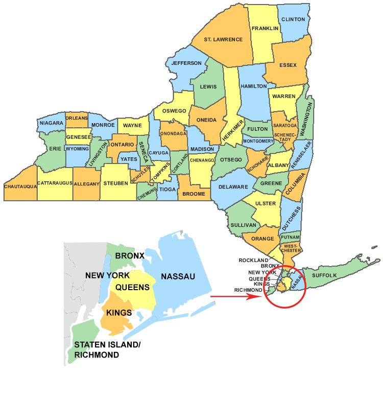 Map of New York State, highlighting New York City's five boroughs: Bronx, Kings, Queens, Richmond, and New York.