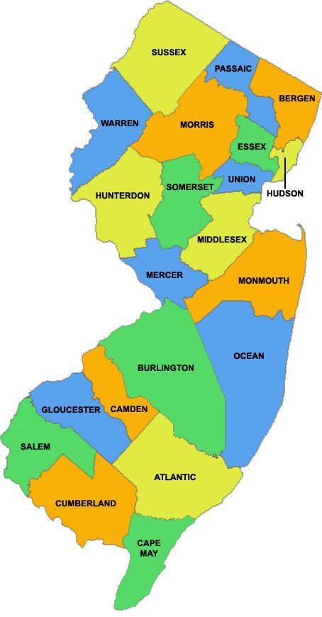Map of New Jersey with counties labeled and color-coded.