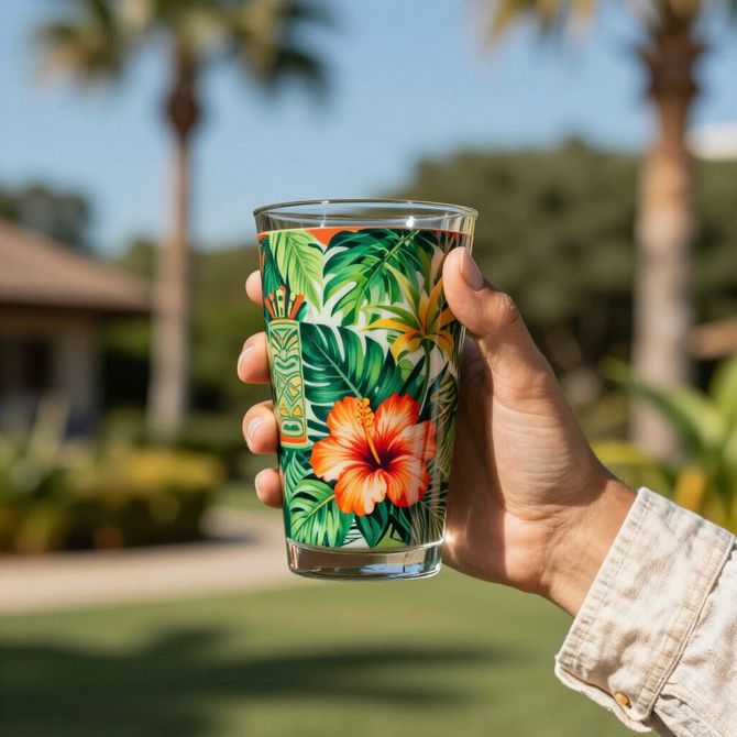 Hand holding a tropical floral tumbler outdoors with palm trees in the background