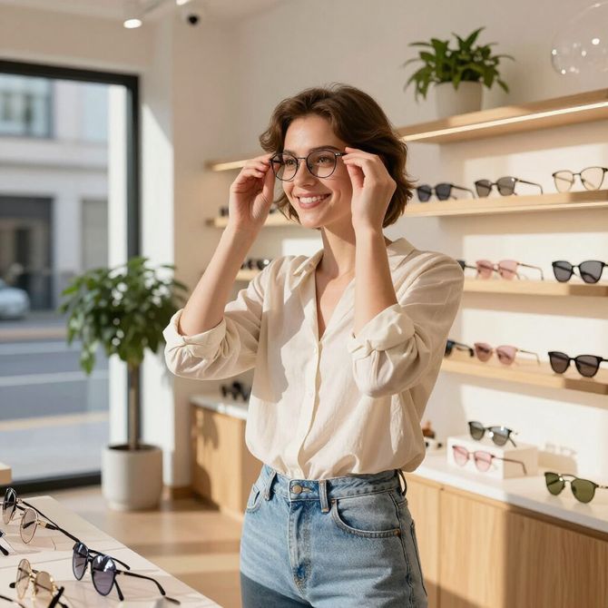 Person adjusting eyeglasses in a bright optical store, with sunglasses displayed on wall shelves.