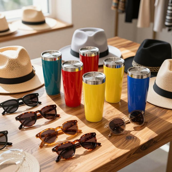 Colorful tumblers and sunglasses arranged on a wooden table with hats in the background