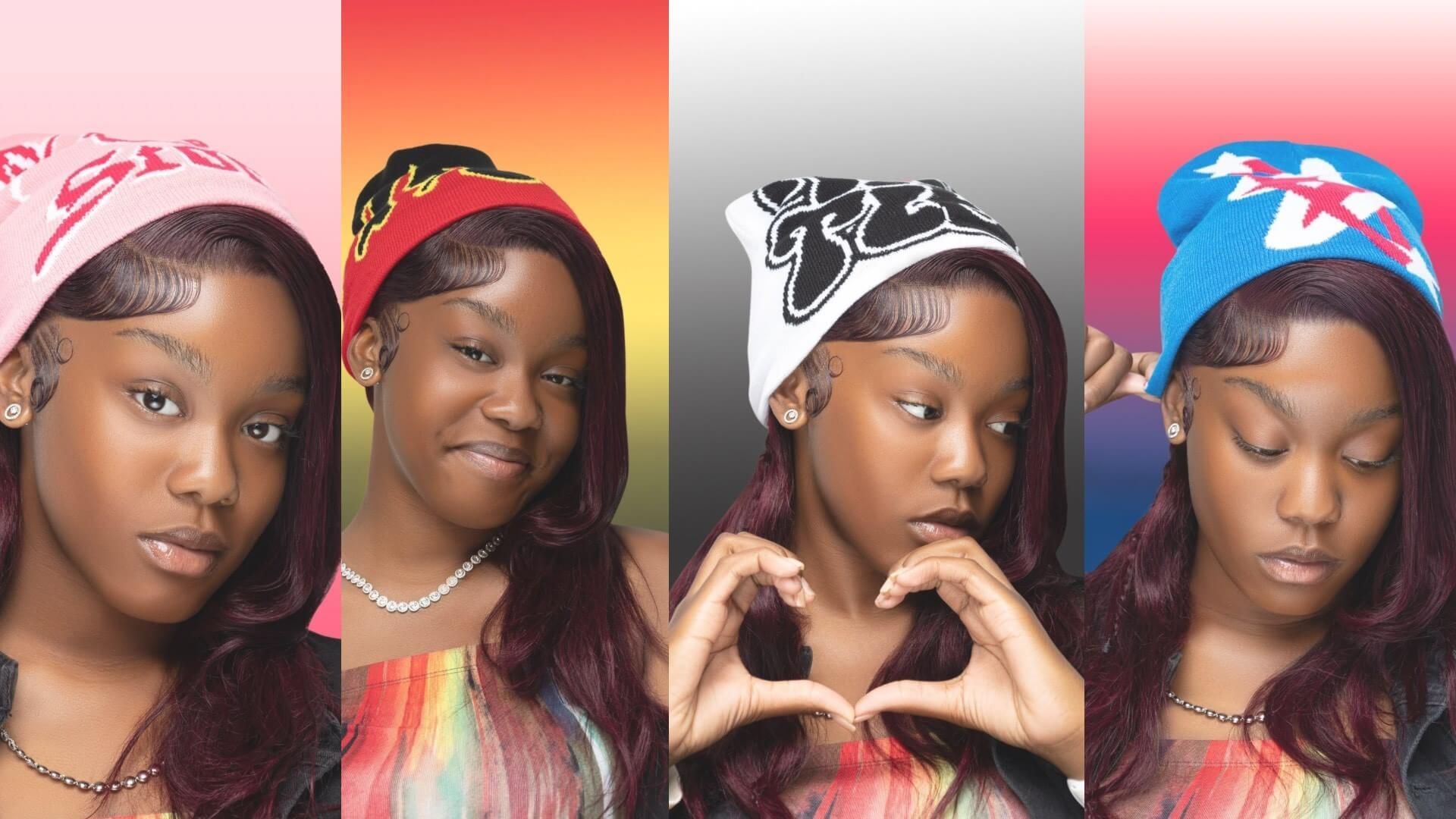 Four stylish portraits of a person wearing different colorful headscarves against gradient backgrounds.
