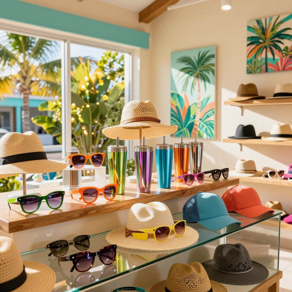 Beachwear sunglasses and hats displayed on shelves in a bright tropical boutique