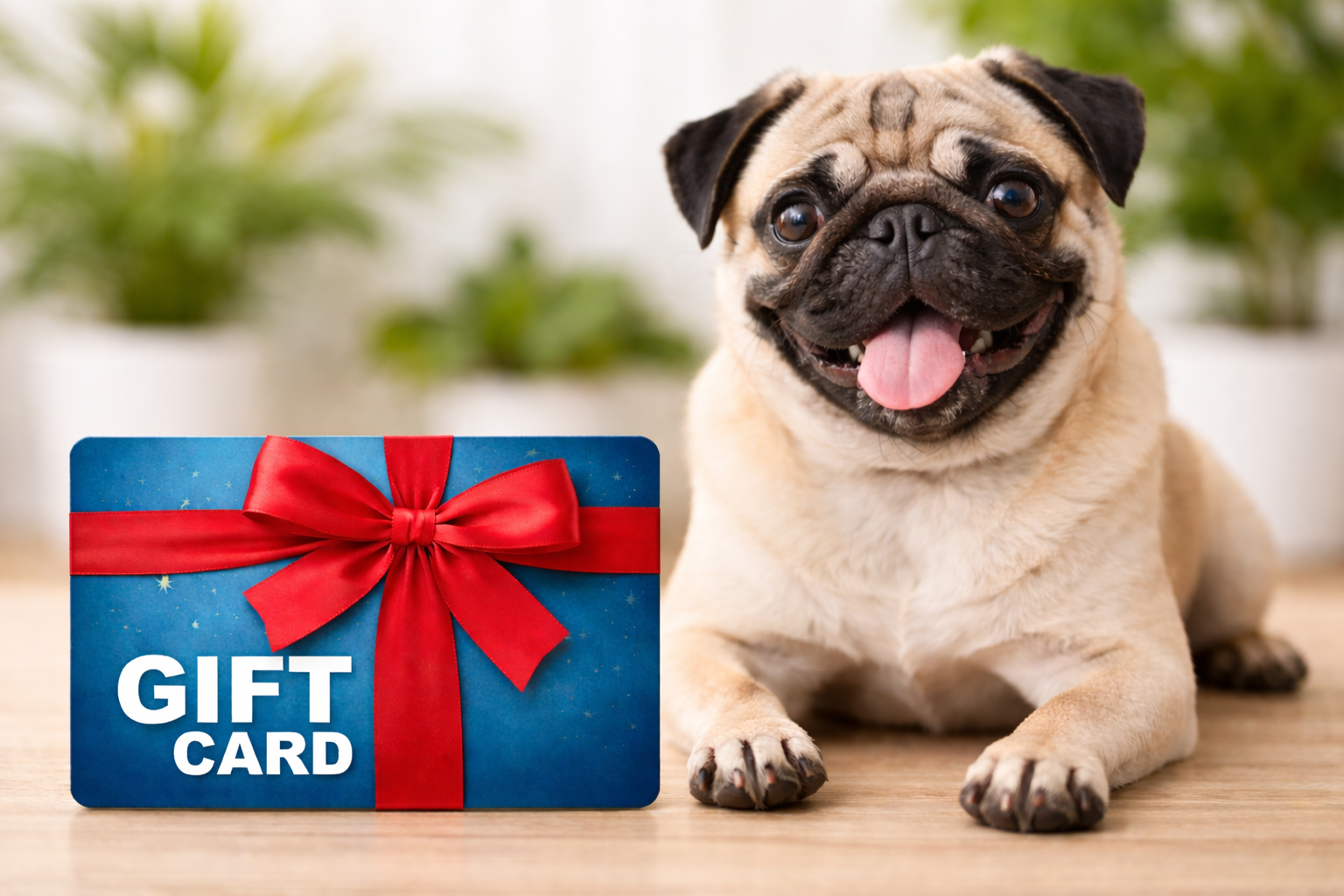 Pug dog next to a blue gift card with a red bow.
