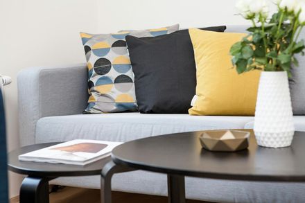 Gray sofa with decorative pillows, two black round coffee tables, white vase with flowers.