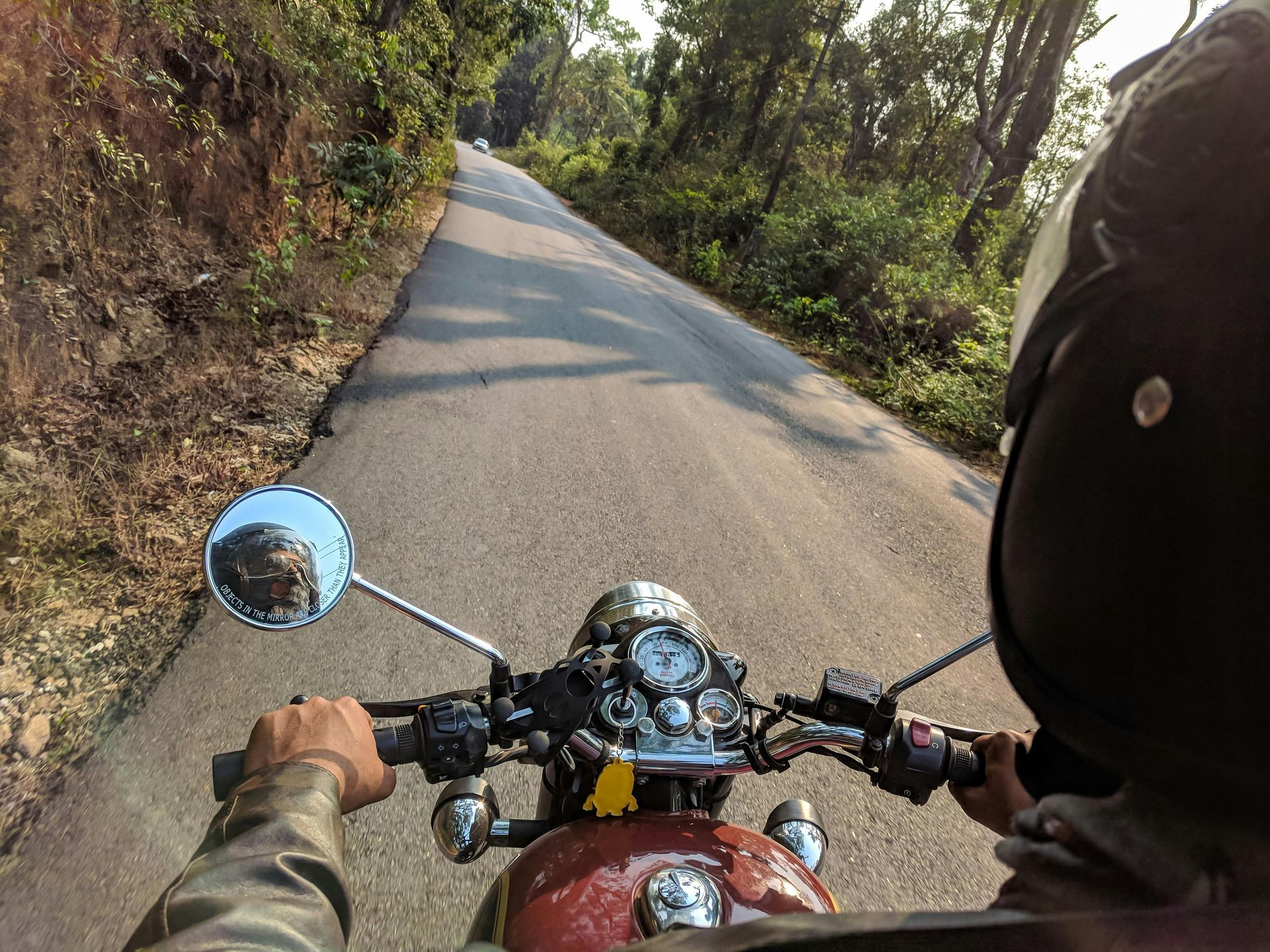Motorcyclist on a road through a forest. View from the handlebars shows the road ahead and the mirror.
