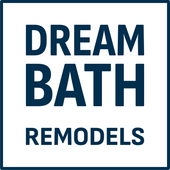 Square logo with "DREAM BATH" in navy blue, above "REMODELS" on white with a navy blue border.