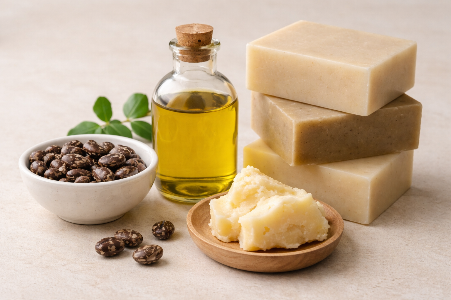 Unlabeled handmade soap bars on a neutral surface, highlighting the ingredients behind gentle cleans