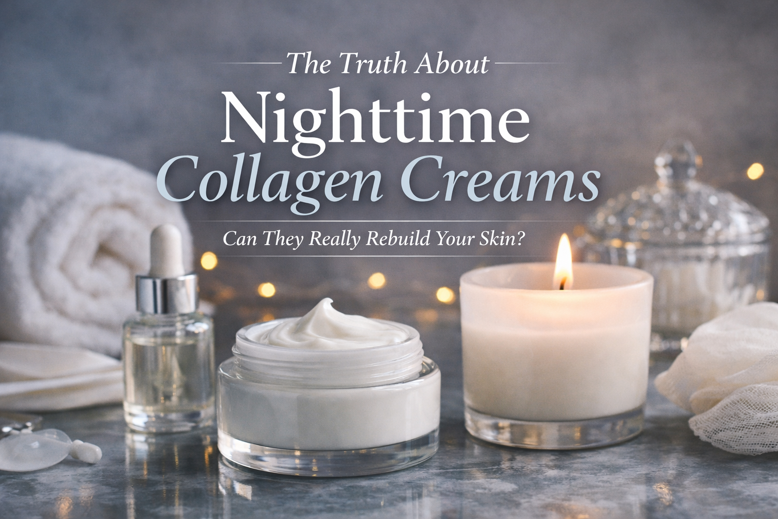 Nighttime skincare products including cream and candle illustrating collagen cream myths and gentle