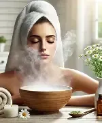 Woman enjoying a gentle facial steaming routine before cleansing her skin with oat milk soap. 