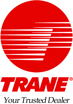 A red and white logo for trane your trusted dealer