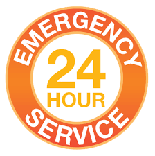 An orange and white emergency 24 hour service logo