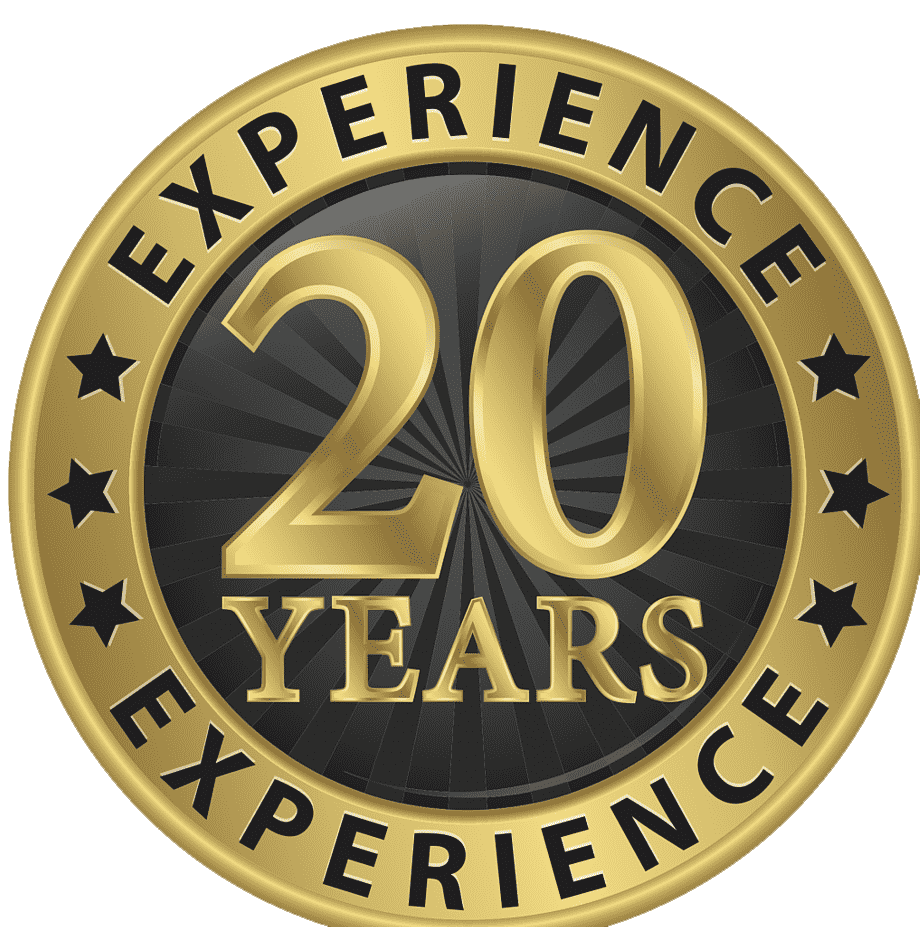 A gold and black circle that says experience 20 years