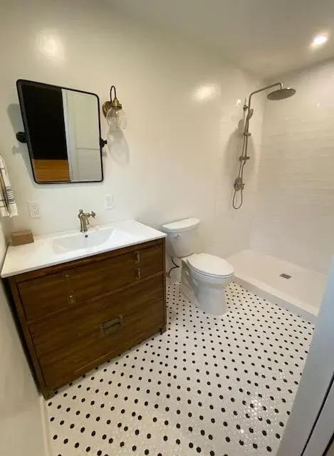 A bathroom with a toilet, sink, mirror and shower.