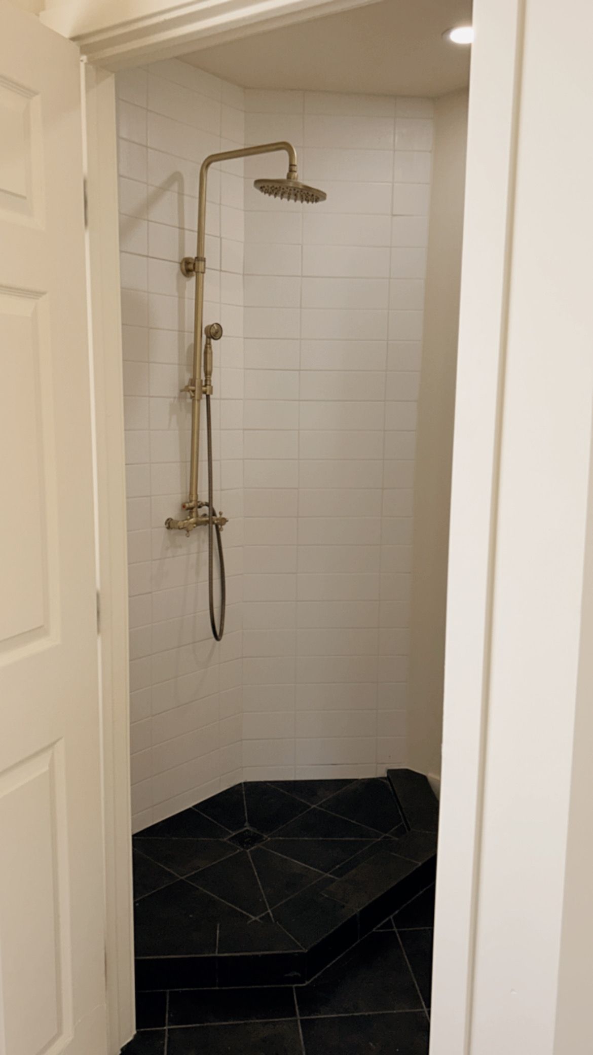 A bathroom with a shower and a black tiled floor.