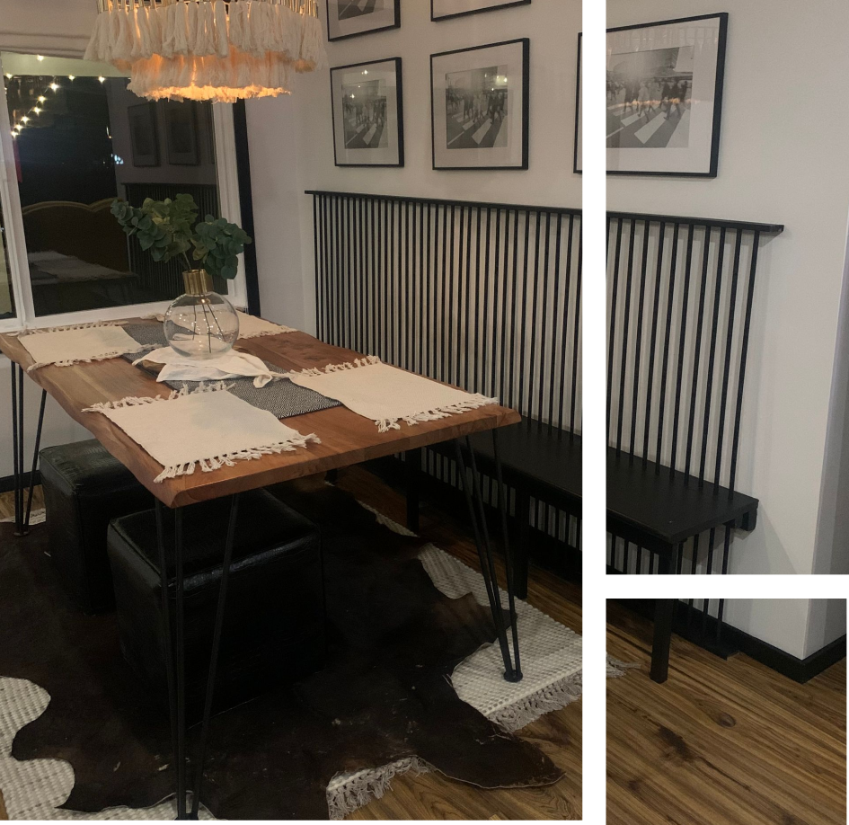 A dining room with a table and chairs and pictures on the wall