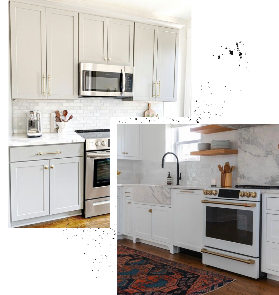 A picture of a house and a picture of a kitchen