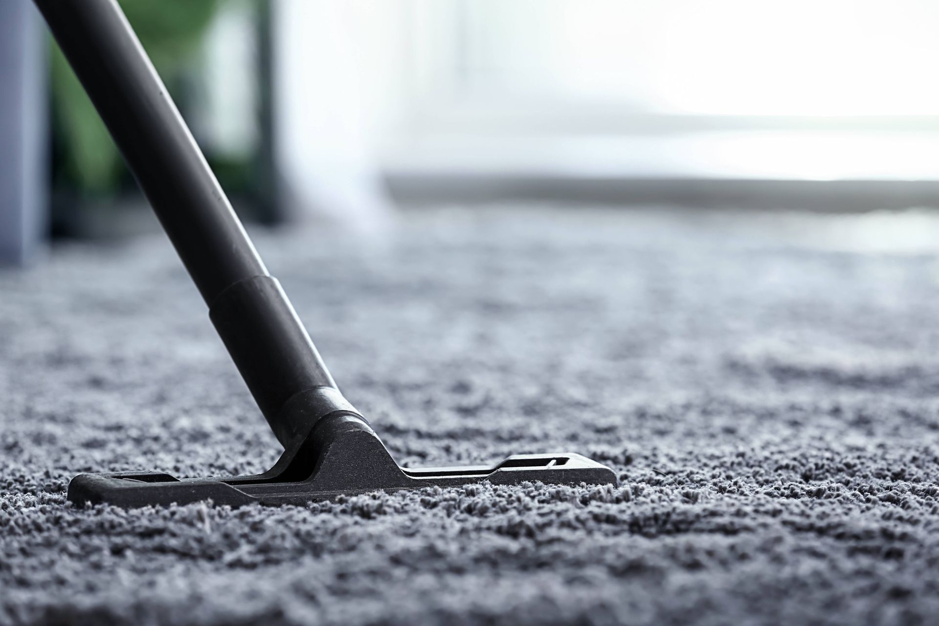 A vacuum cleaner is cleaning a carpet in a living room.