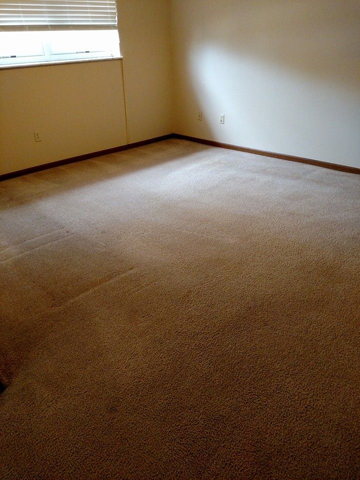 An empty room with a carpeted floor and a window
