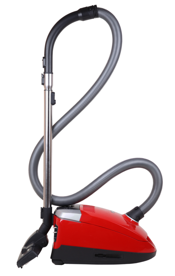 A red vacuum cleaner with a long hose on a white background.