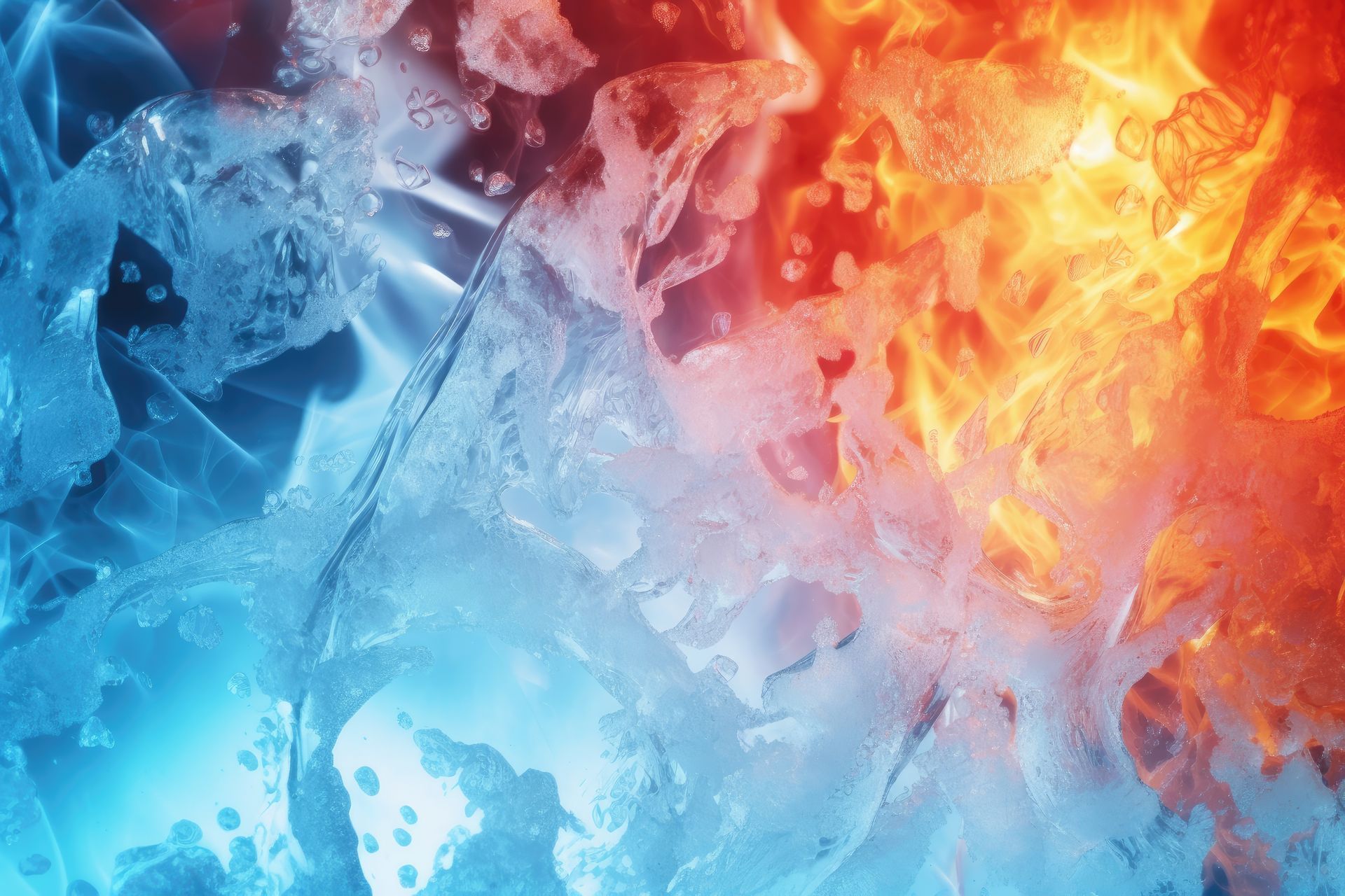 Eis und Flammen treffen aufeinander; blaues Eis geht in rote Flammen über.