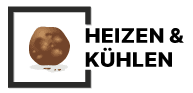 Eine braune Kugel mit weißer Spiegelung in einem schwarzen Quadrat, daneben die Buchstaben „HEIZEN & KÜHLEN“ in Schwarz.