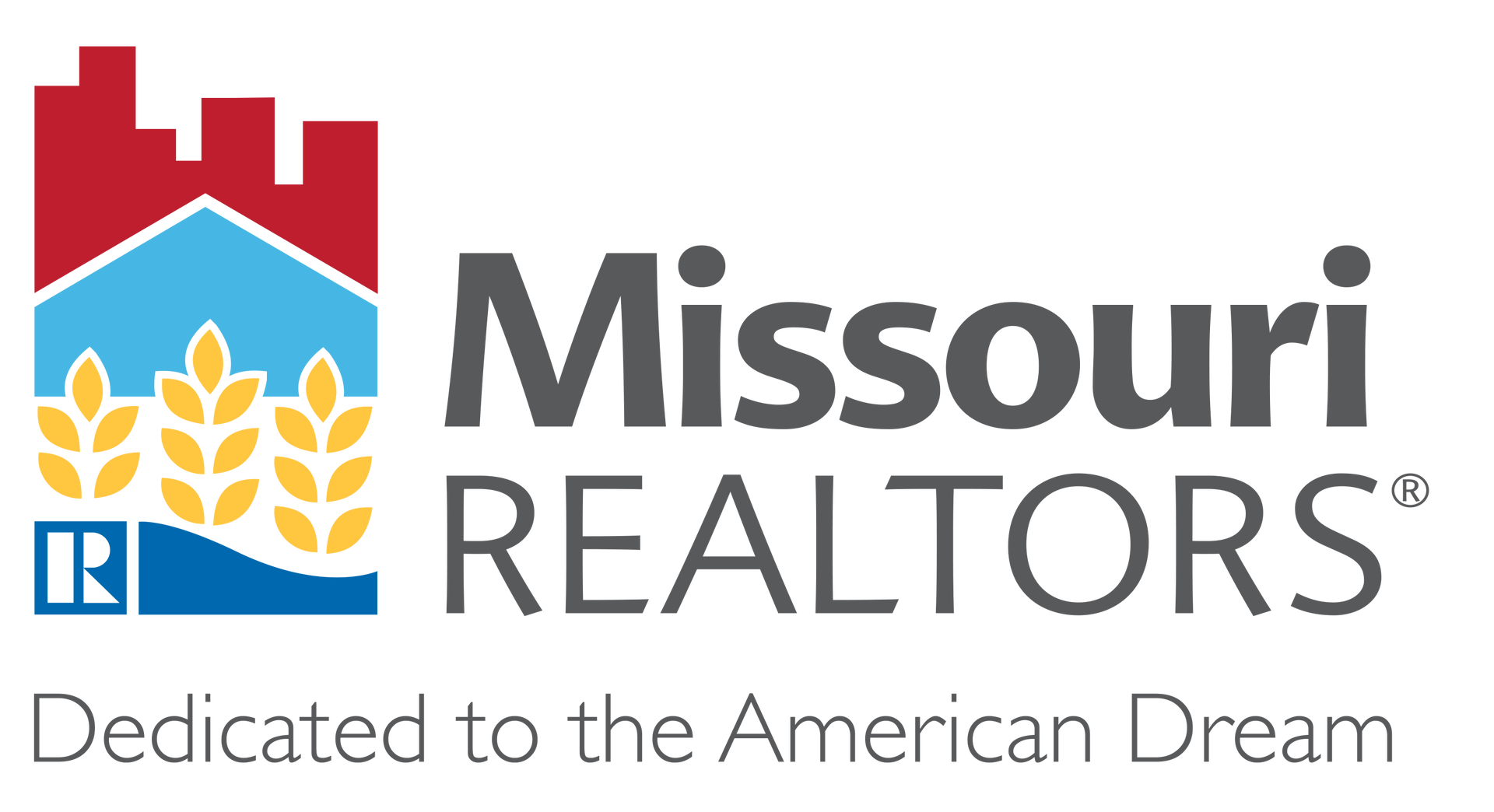 Logo for Missouri REALTORS featuring a stylized house and wheat design with the text, "Dedicated to the American Dream."