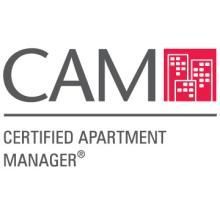 Logo for Certified Apartment Manager (CAM) featuring the letters CAM in grey and a red icon of high-rise buildings.