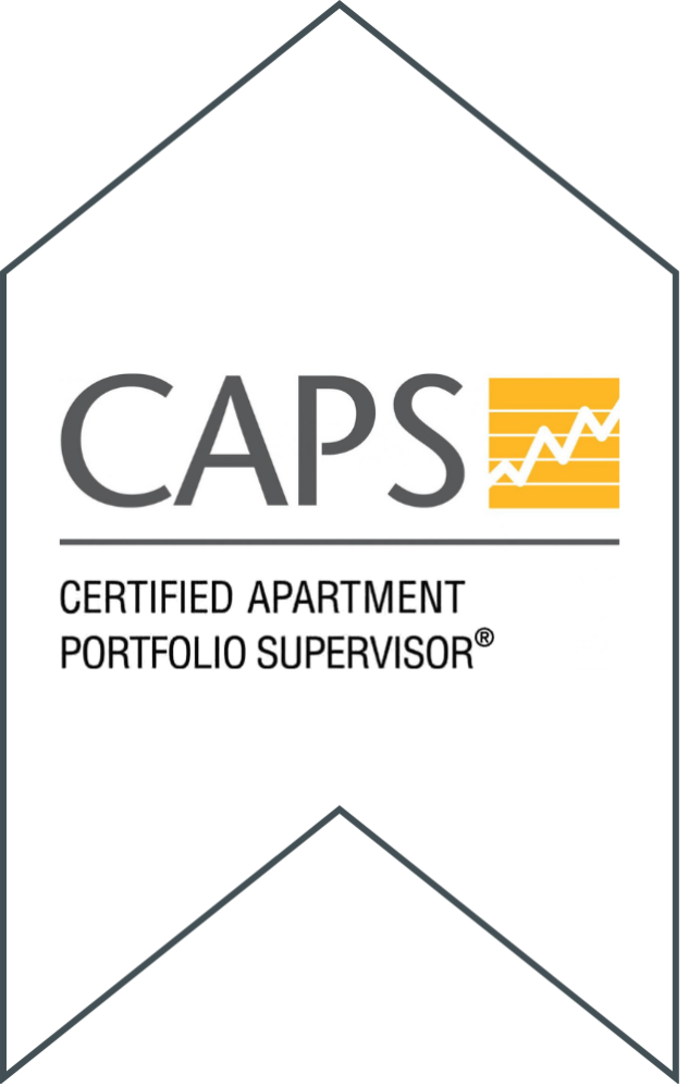 The CAPS logo features the text "CAPS CERTIFIED APARTMENT PORTFOLIO SUPERVISOR" next to a yellow icon of a rising graph.